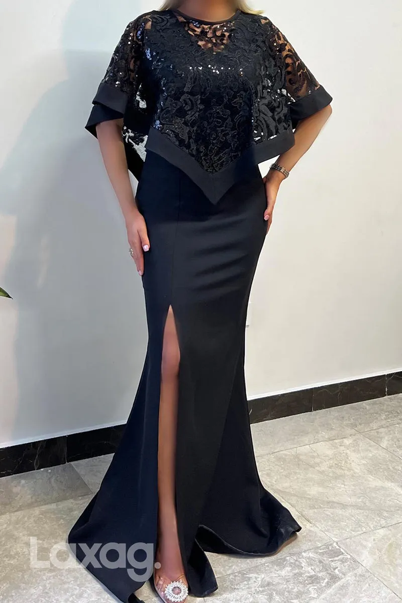 22679 - Straps V-Neck Sleek Satin High Slit Mermaid Mother of the Bride Dress