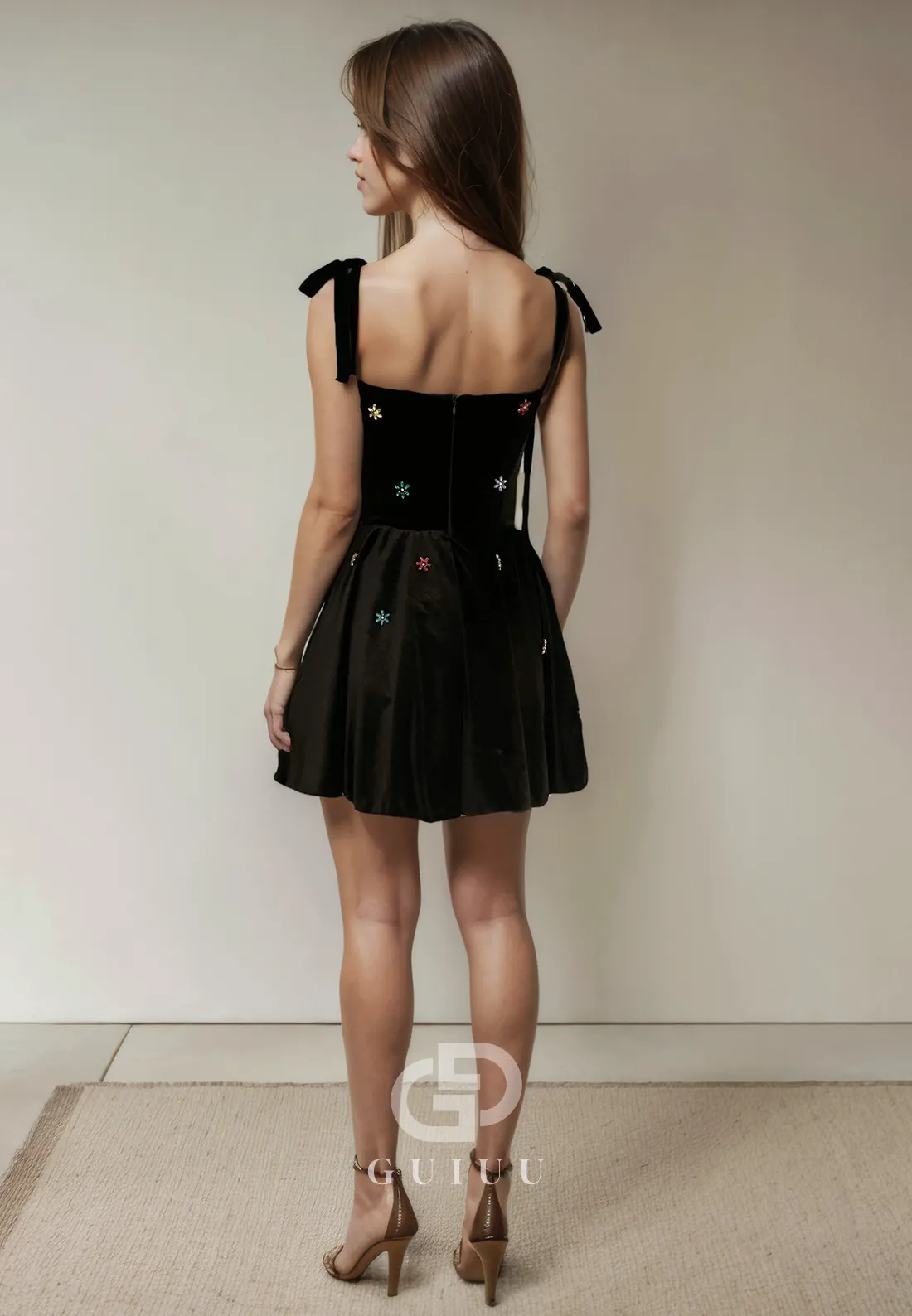 A-Line Square Neck Straps Sleeveless Back Zipper Beaded Homecoming Dress