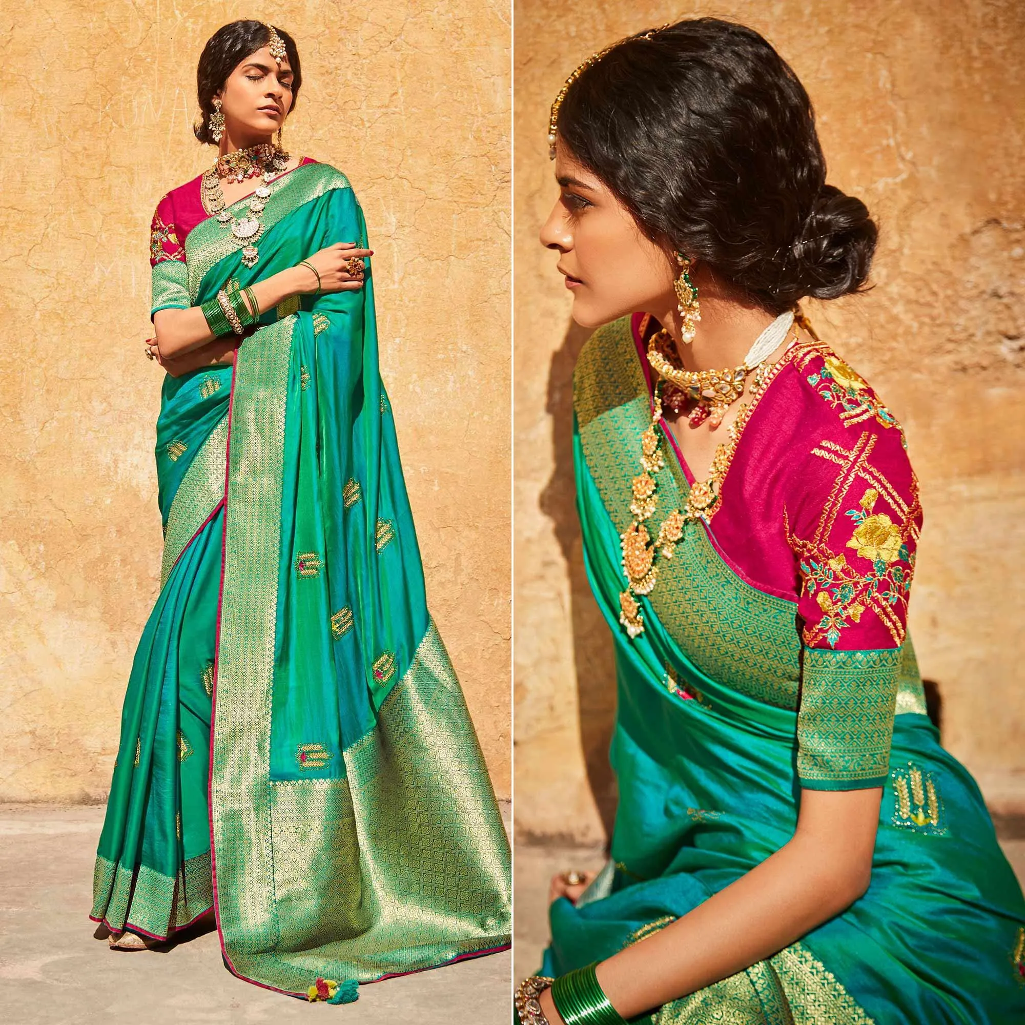 Aqua Green Festive Wear Woven-Embroidered Silk Saree