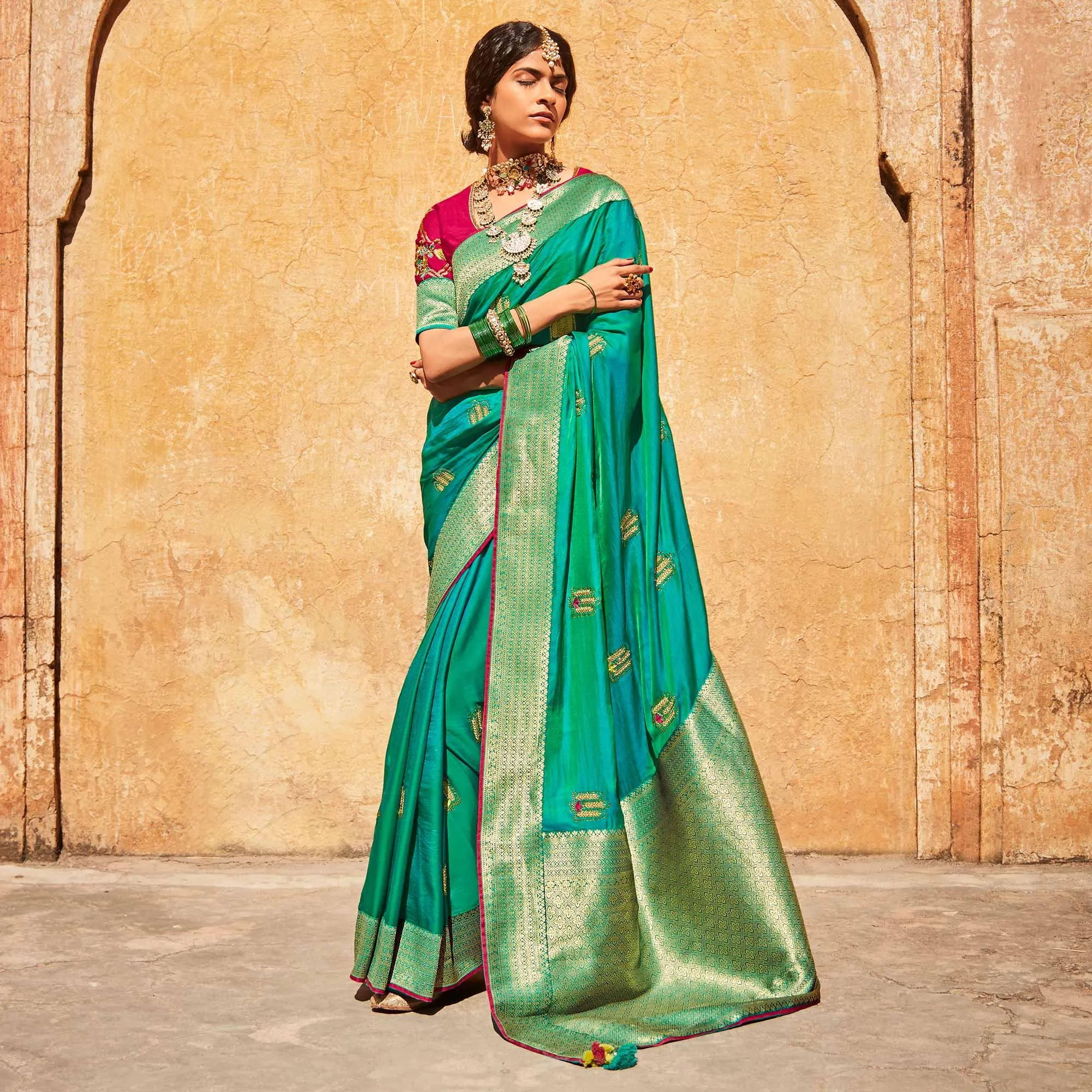 Aqua Green Festive Wear Woven-Embroidered Silk Saree