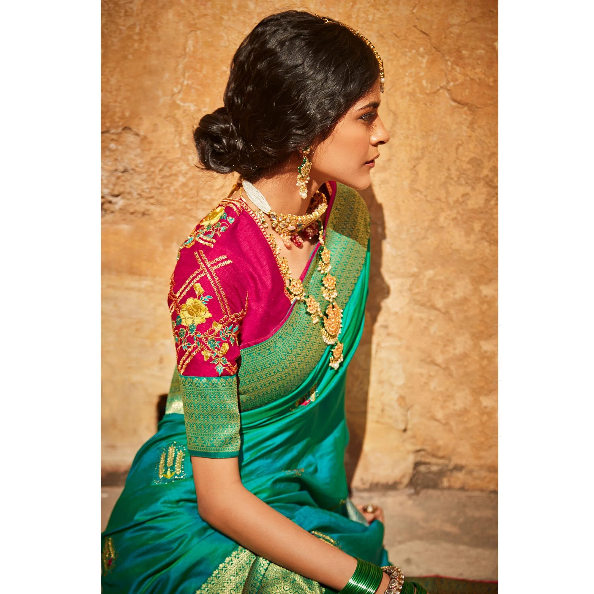 Aqua Green Festive Wear Woven-Embroidered Silk Saree