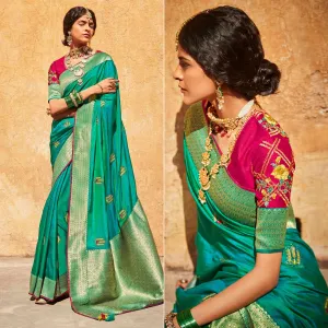 Aqua Green Festive Wear Woven-Embroidered Silk Saree