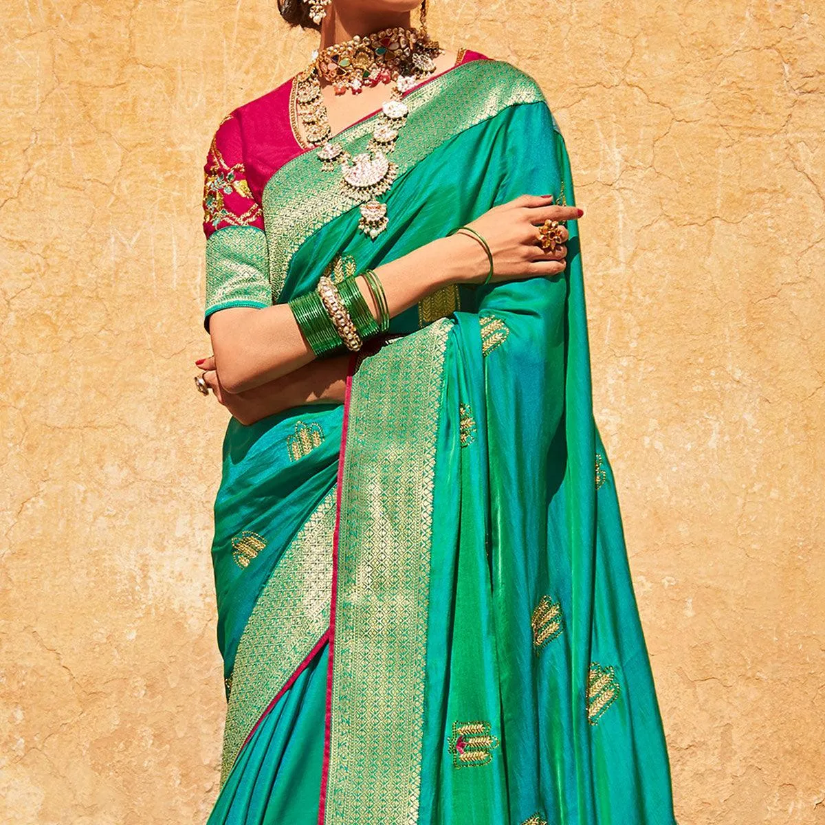 Aqua Green Festive Wear Woven-Embroidered Silk Saree