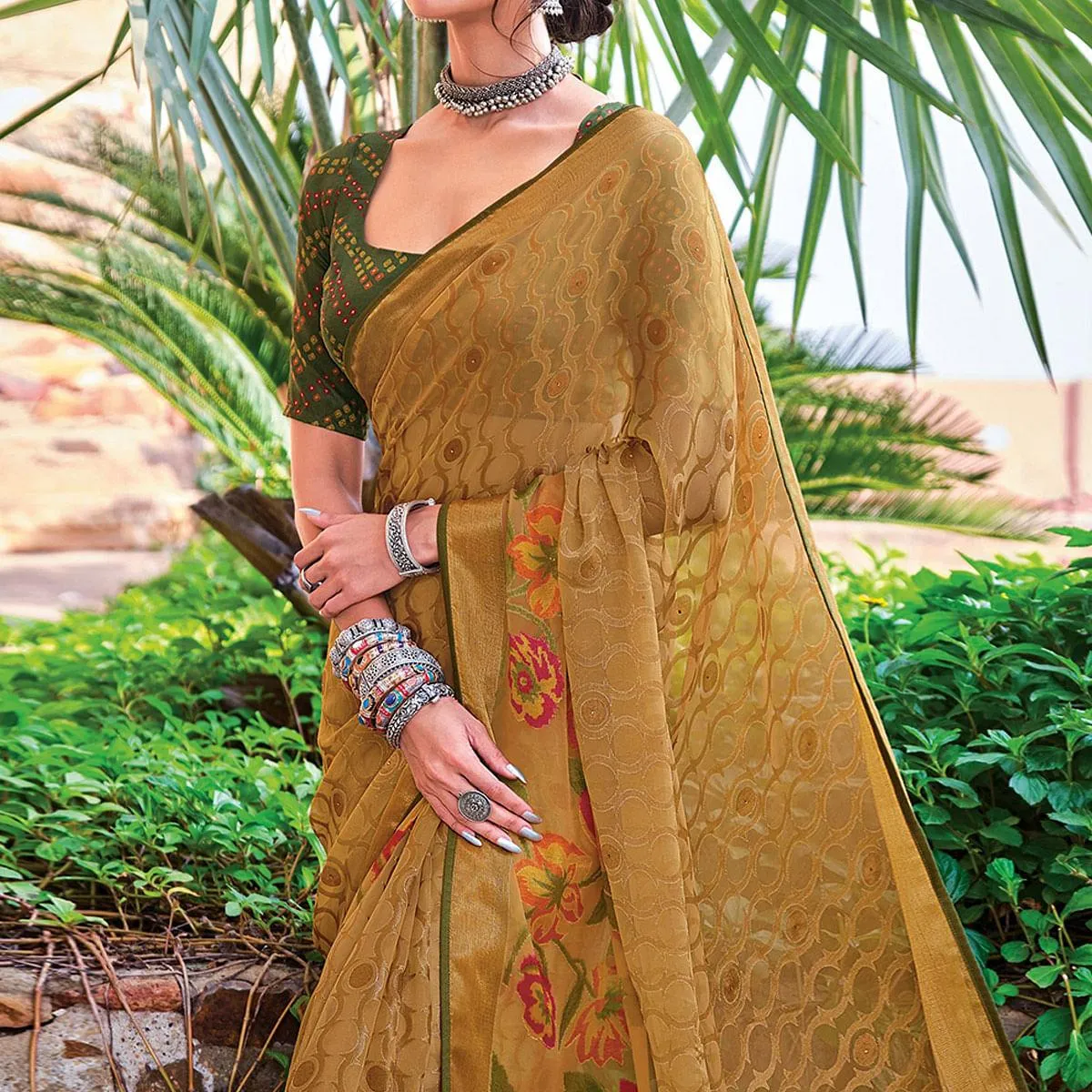 Beige Festive Wear Woven Brasso Saree