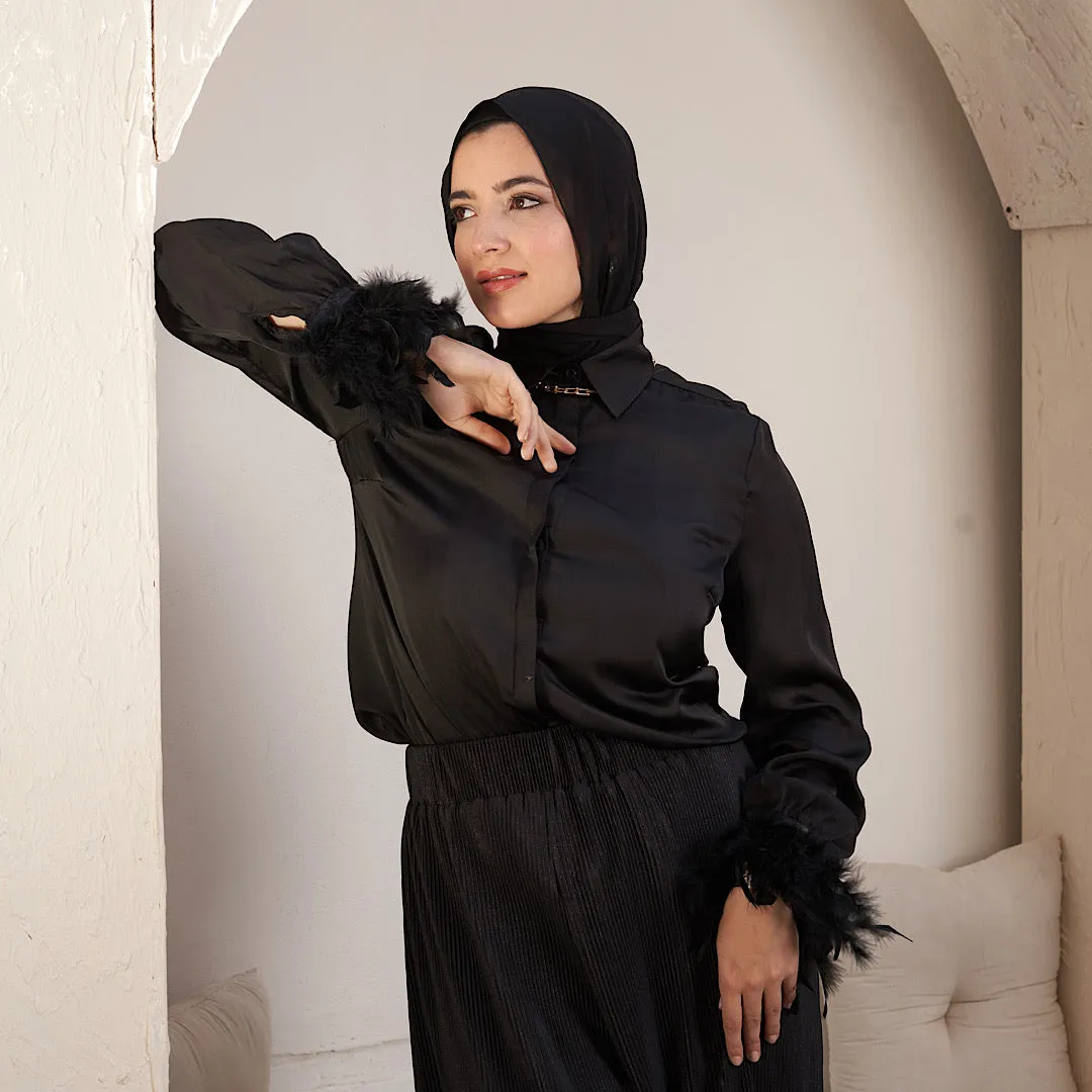 Black Feather trimmed satin blouse