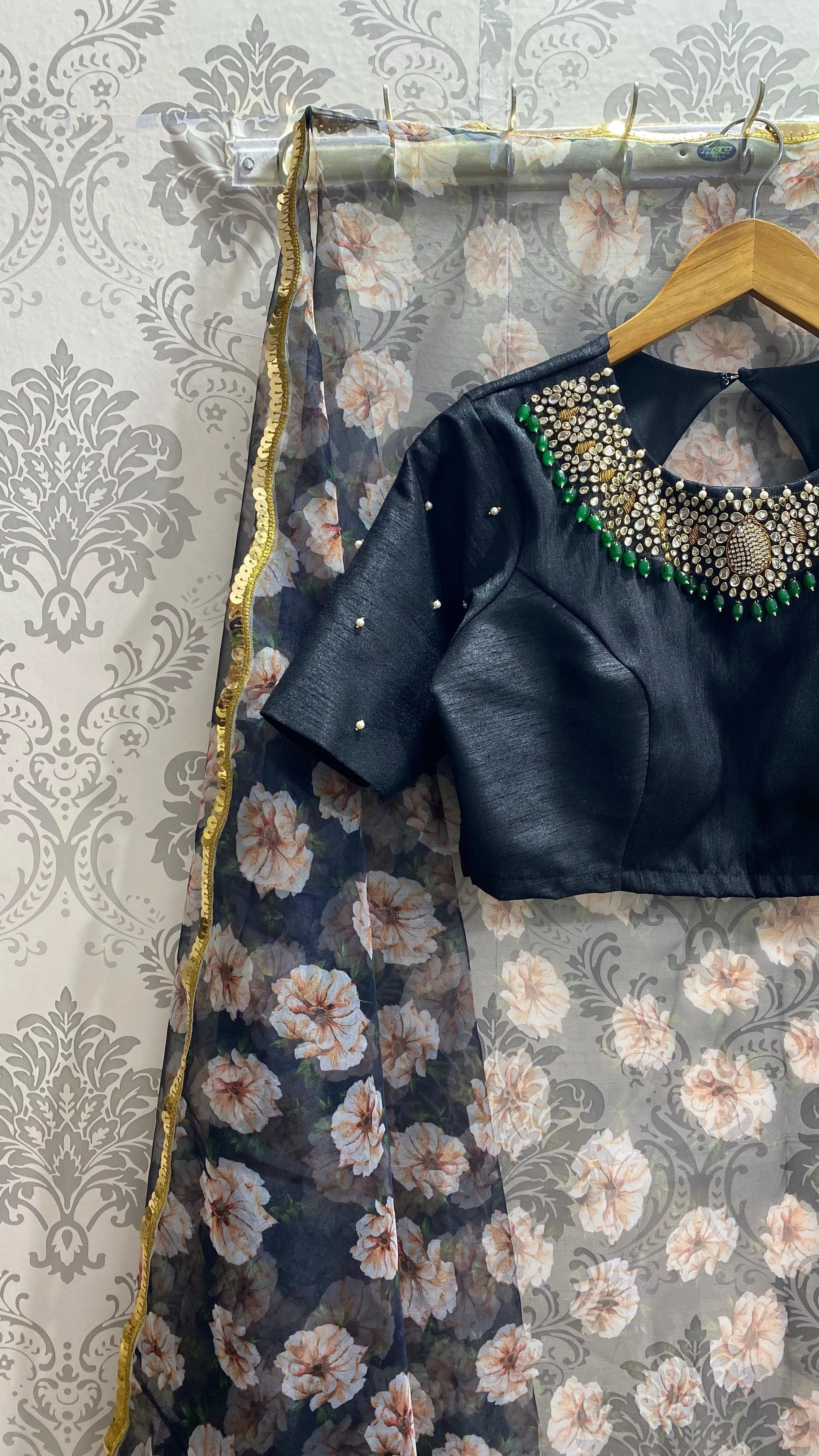 Black Silk Intricate Jewel Neck hand worked blouse