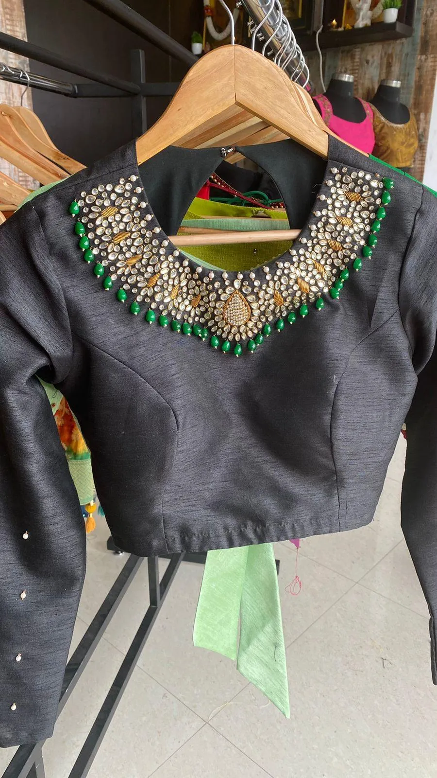 Black Silk Intricate Jewel Neck hand worked blouse