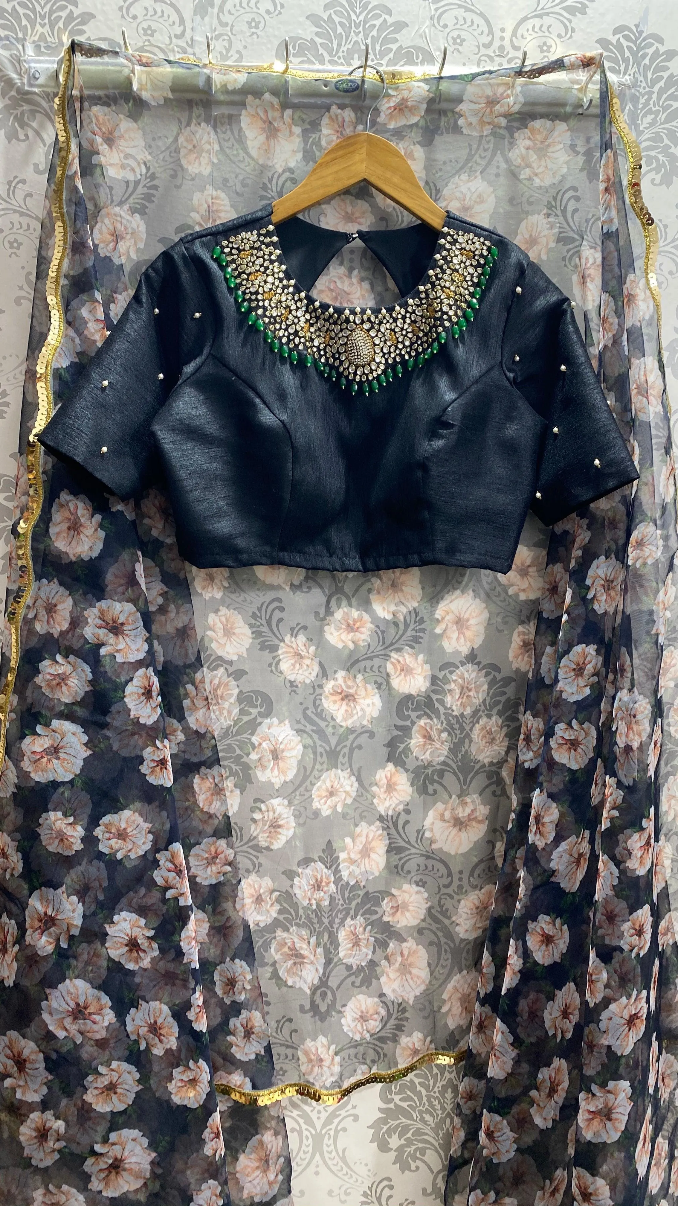 Black Silk Intricate Jewel Neck hand worked blouse