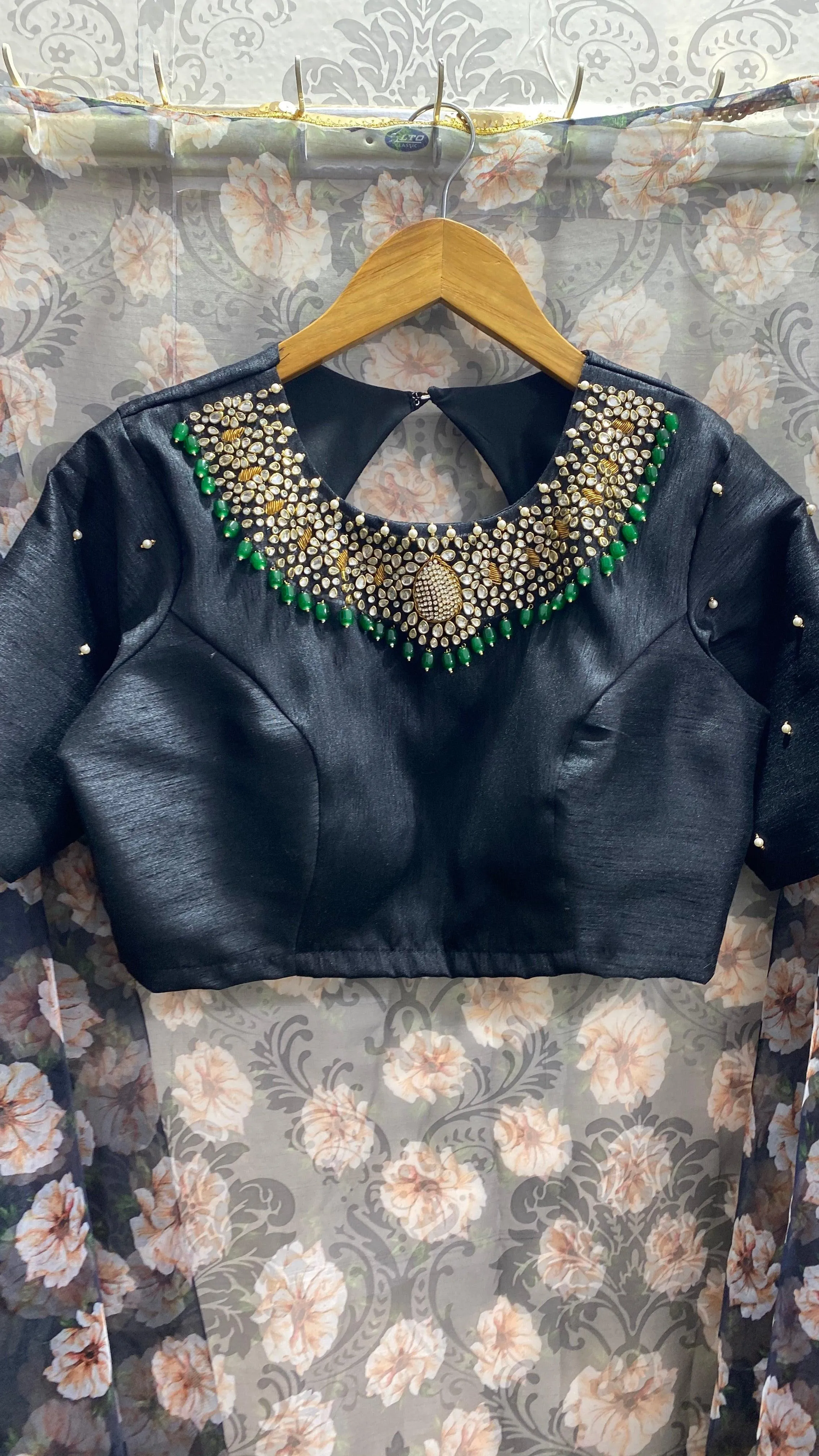 Black Silk Intricate Jewel Neck hand worked blouse