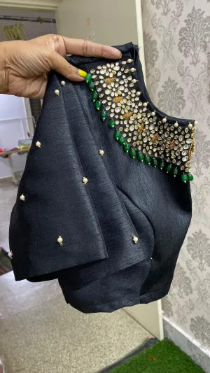Black Silk Intricate Jewel Neck hand worked blouse