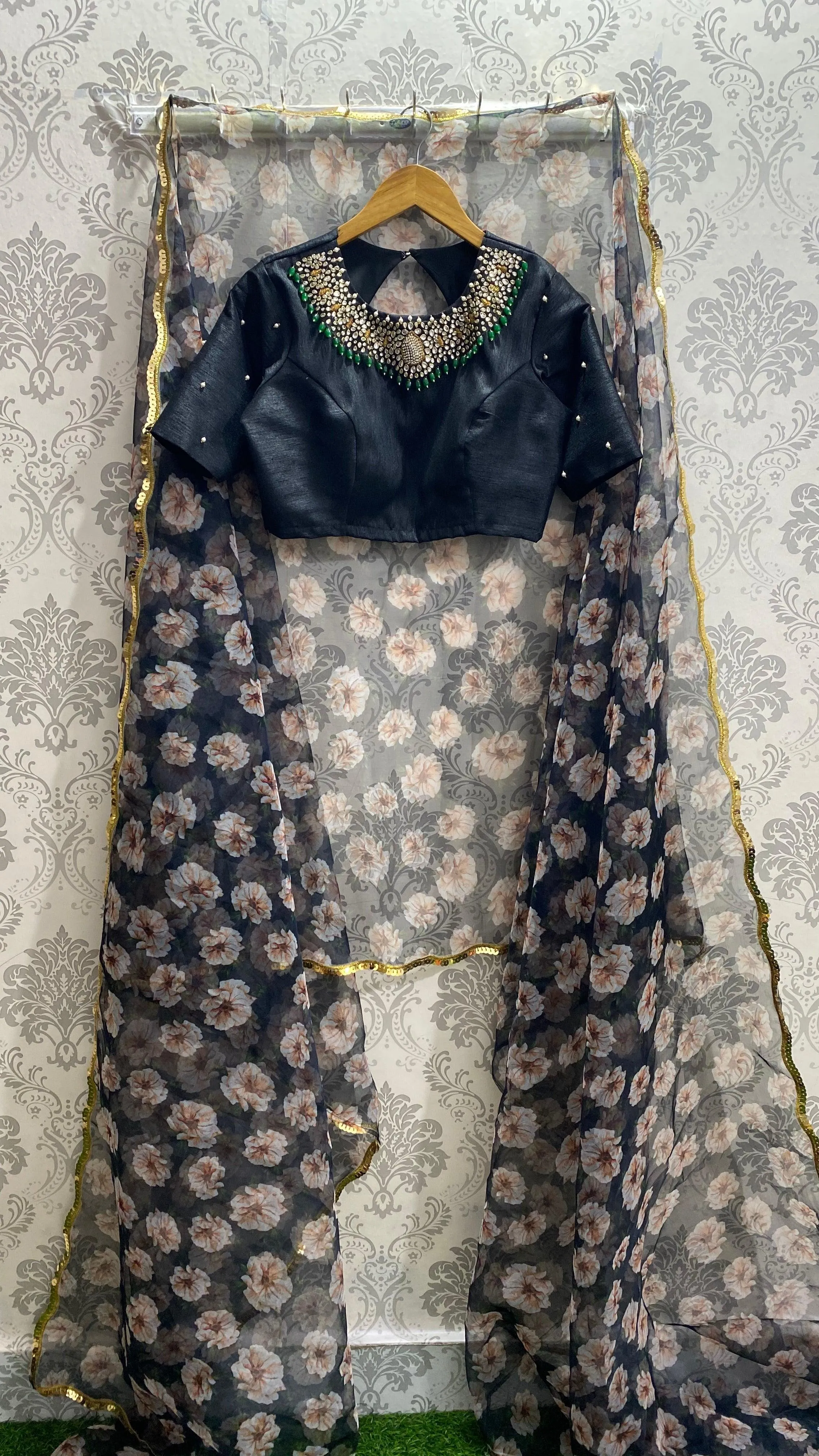Black Silk Intricate Jewel Neck hand worked blouse