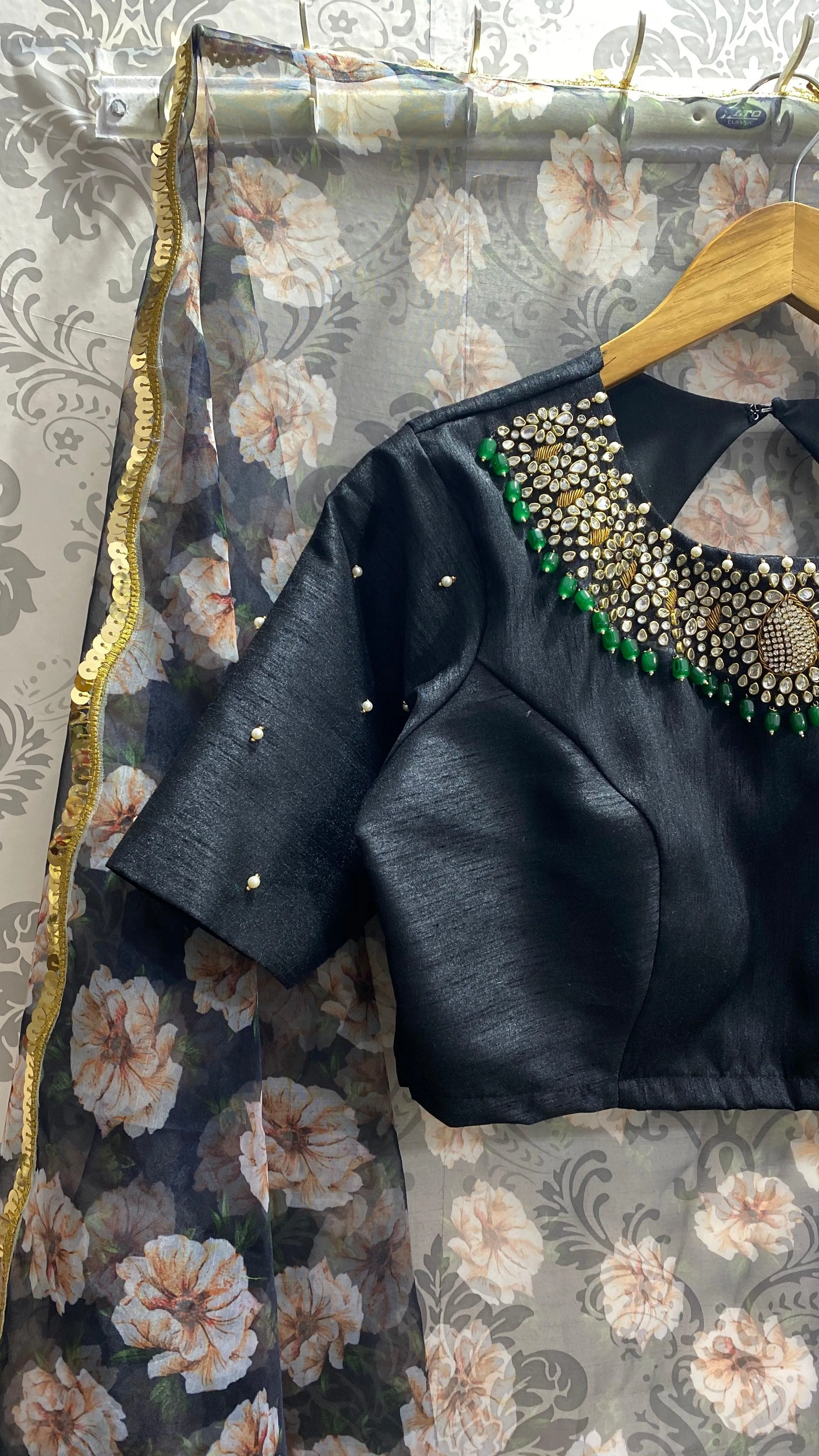 Black Silk Intricate Jewel Neck hand worked blouse