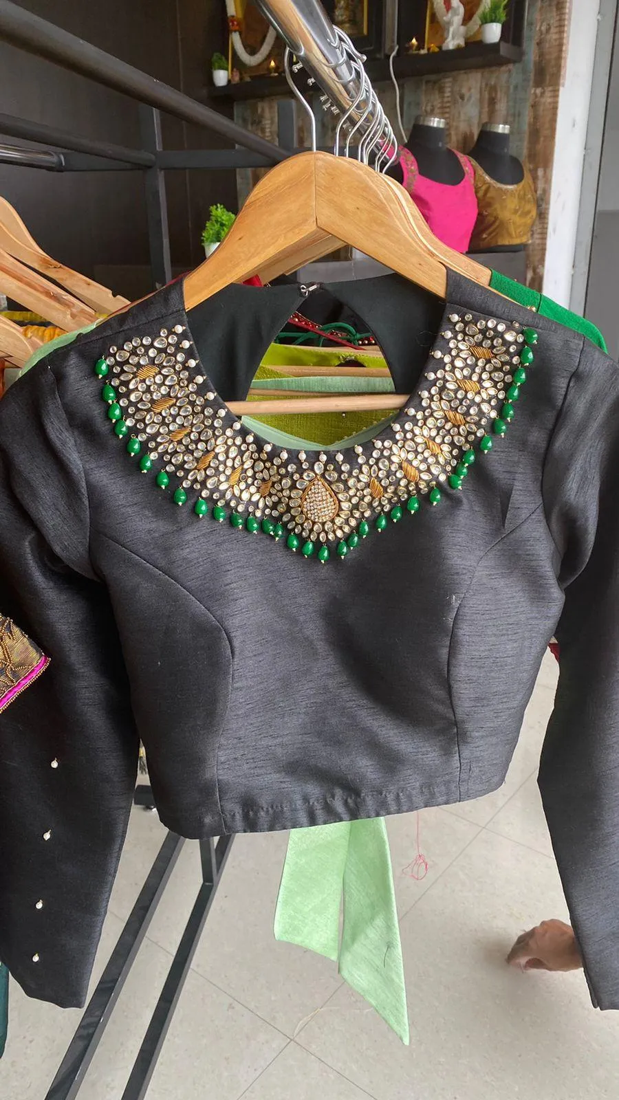 Black Silk Intricate Jewel Neck hand worked blouse