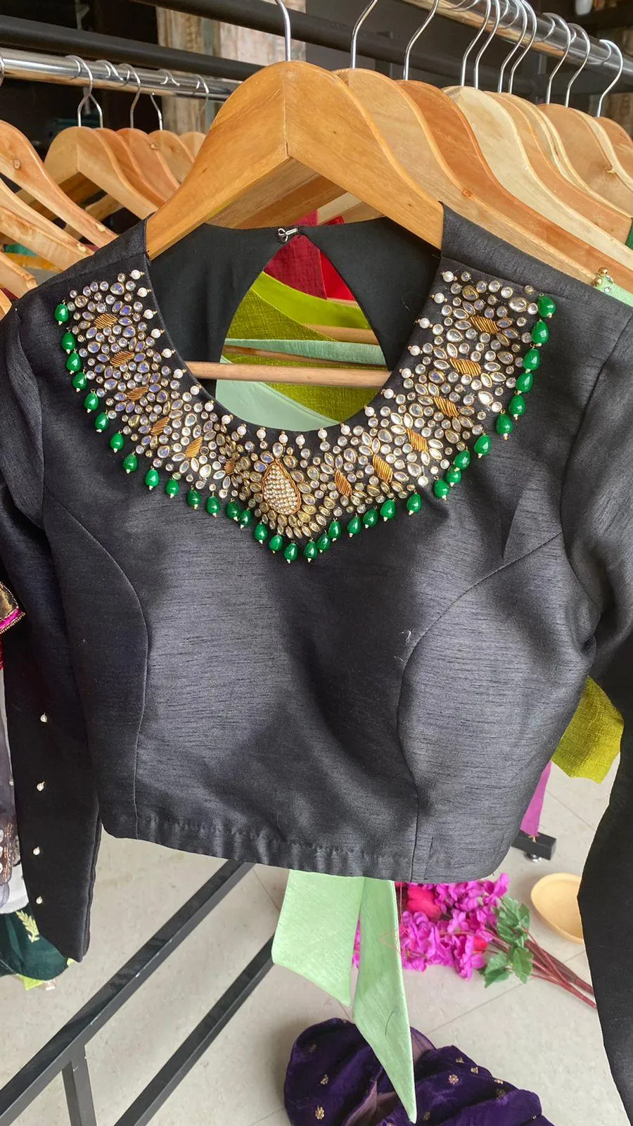 Black Silk Intricate Jewel Neck hand worked blouse