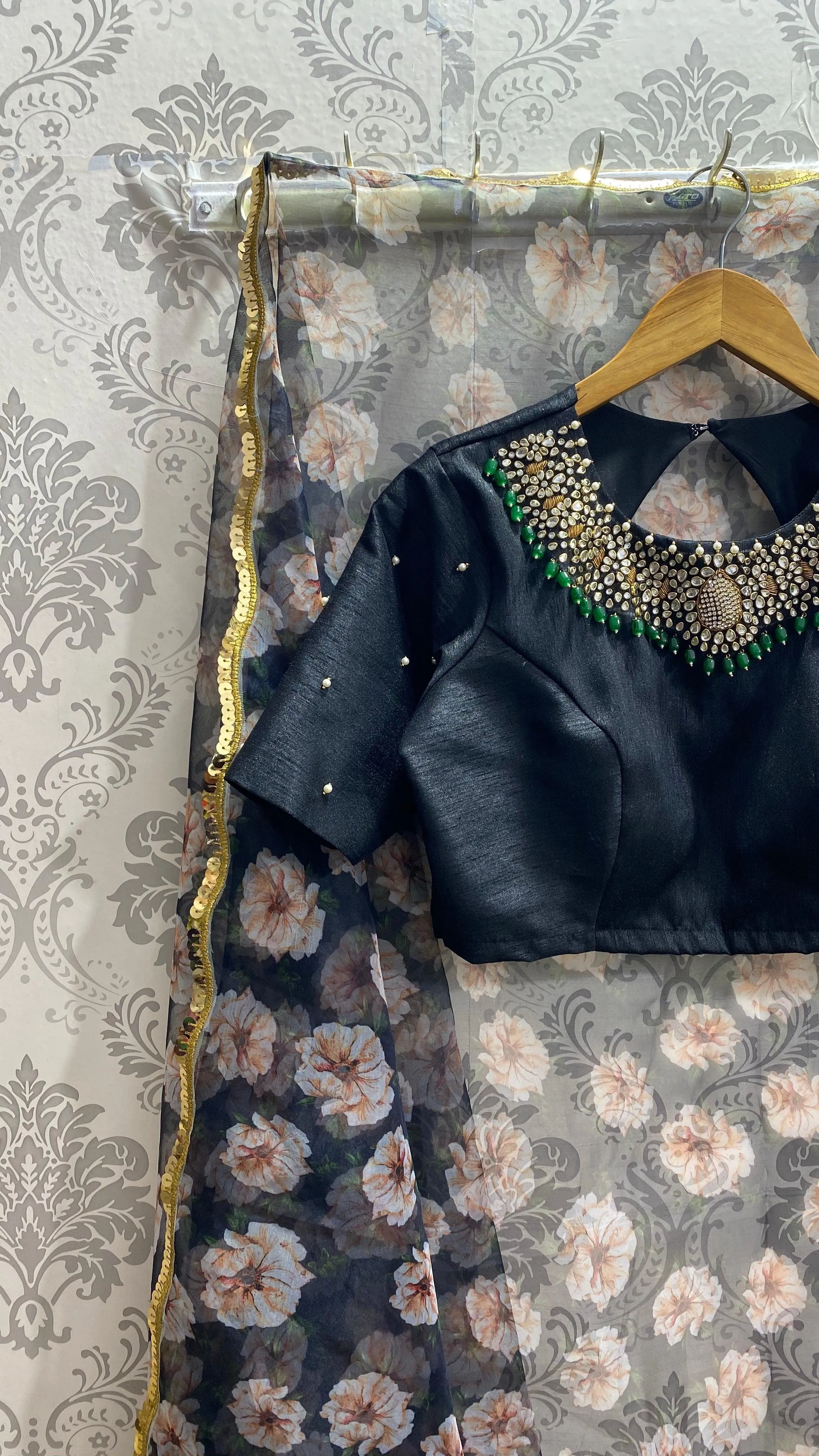 Black Silk Intricate Jewel Neck hand worked blouse