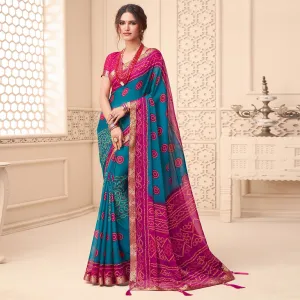 Blue Casual Wear Bandhani Printed Chiffon Saree With Tassels