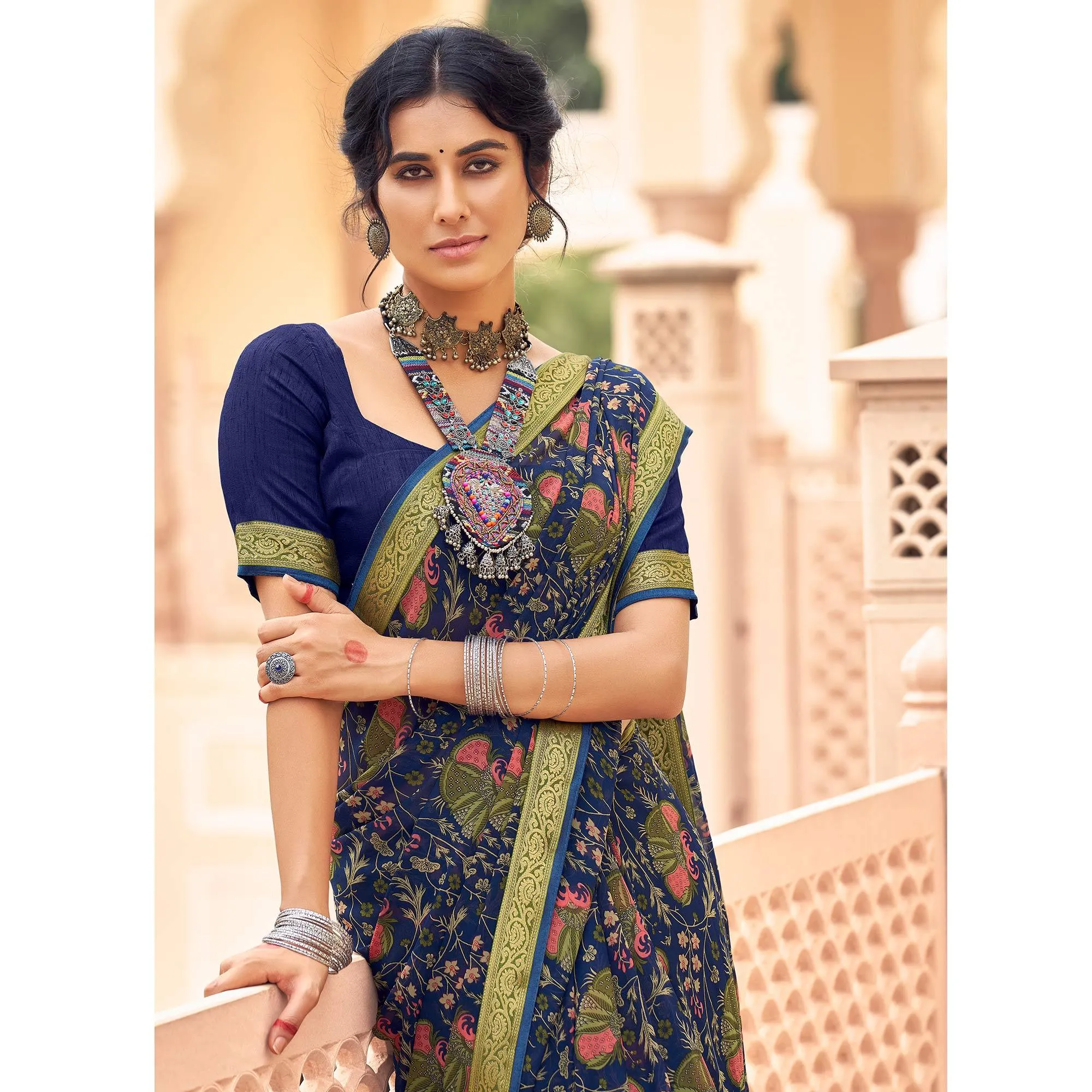 Blue Casual Wear Printed Weightless Georgette Saree