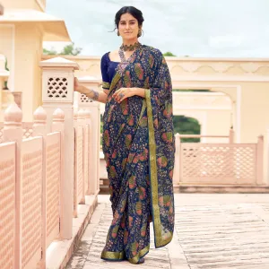 Blue Casual Wear Printed Weightless Georgette Saree