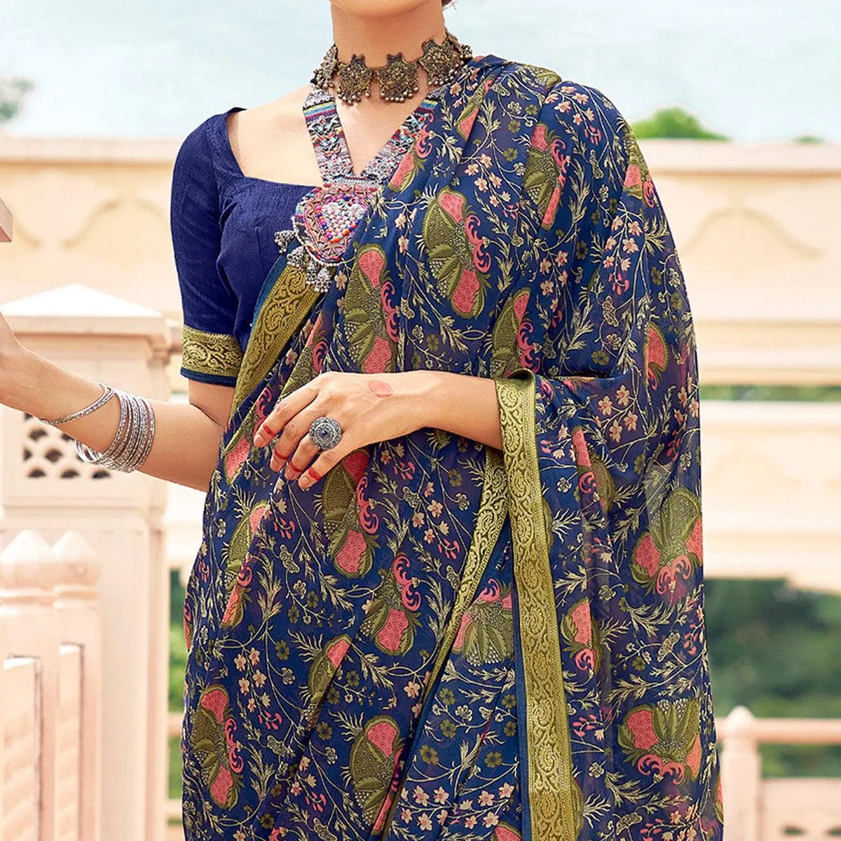 Blue Casual Wear Printed Weightless Georgette Saree