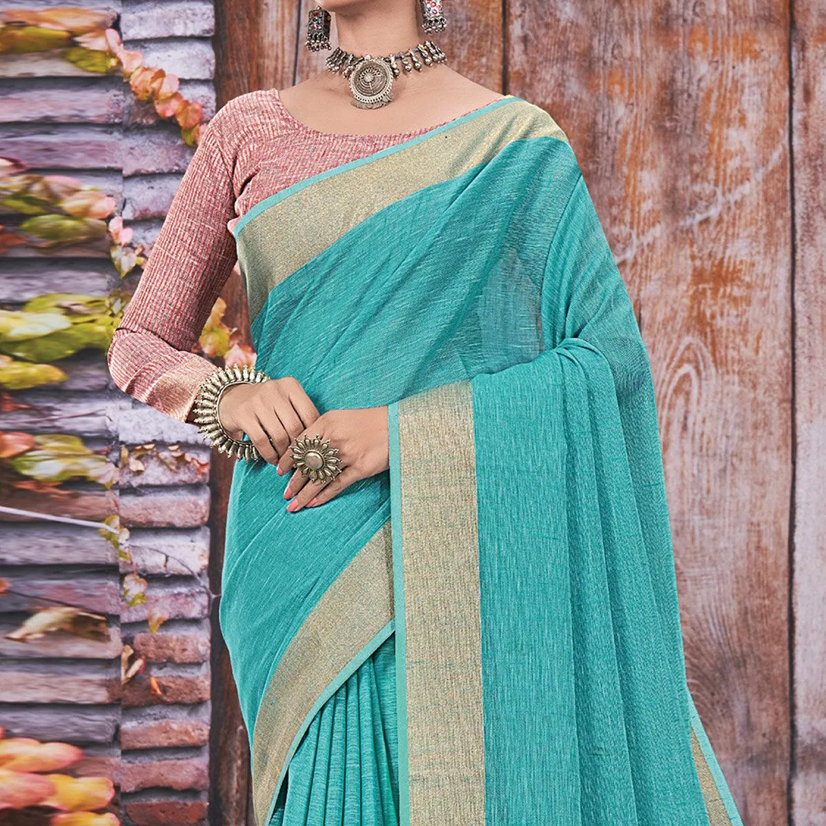 Blue Festive Wear Solid Linen Saree