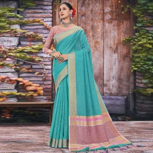 Blue Festive Wear Solid Linen Saree