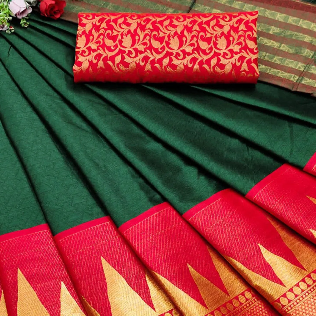 Bottle Green Festive Wear Jacquard Woven Border Heavy Cotton Silk Saree