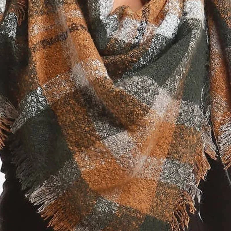 Brown Olive Black Cream Plaid Frayed Blanket Scarf