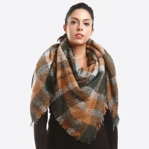 Brown Olive Black Cream Plaid Frayed Blanket Scarf