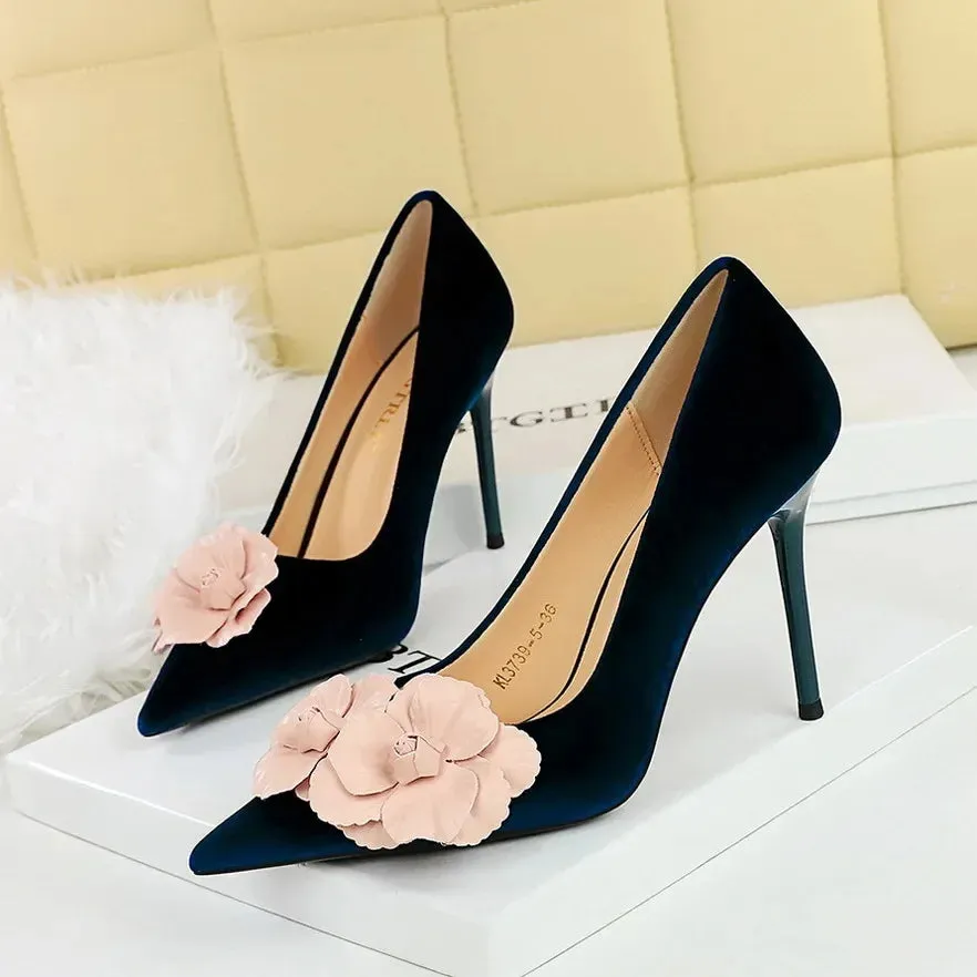 Designer Flower Pointed Toe Elegant Party Flannel Autumn High Heel