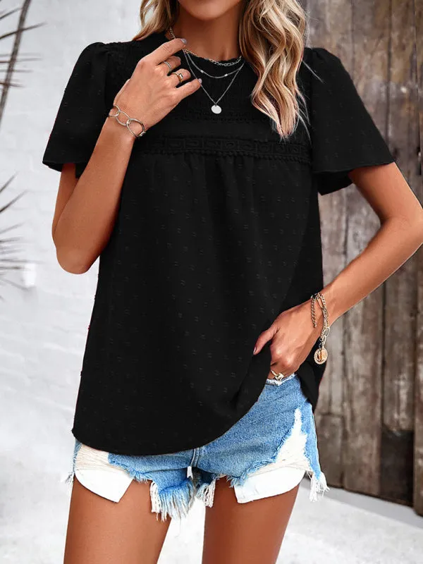 Elara Women's Elegant Solid Color Short-Sleeved Lace Blouse