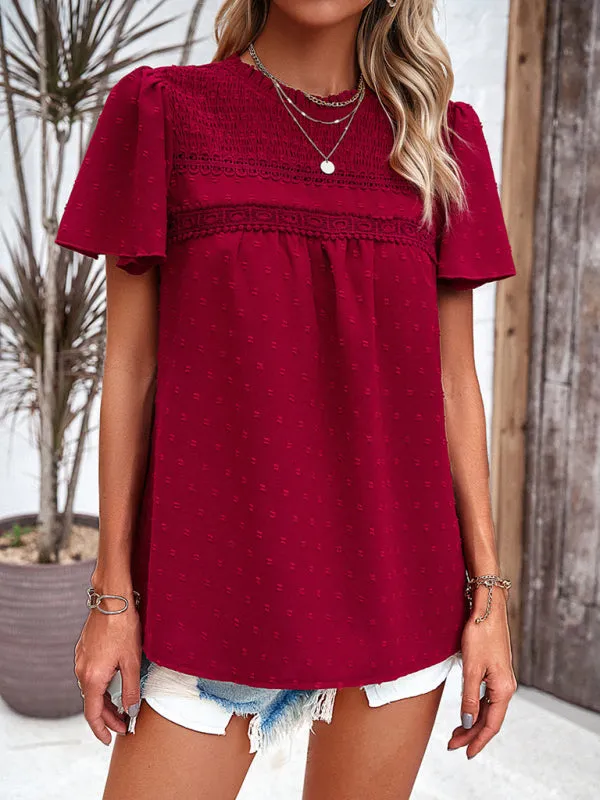 Elara Women's Elegant Solid Color Short-Sleeved Lace Blouse