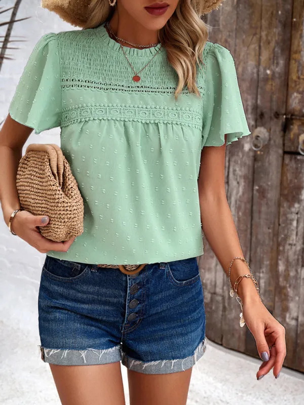 Elara Women's Elegant Solid Color Short-Sleeved Lace Blouse