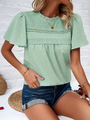 Elara Women's Elegant Solid Color Short-Sleeved Lace Blouse