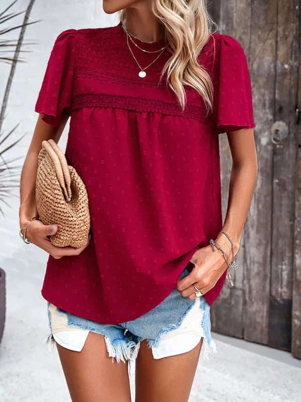 Elara Women's Elegant Solid Color Short-Sleeved Lace Blouse