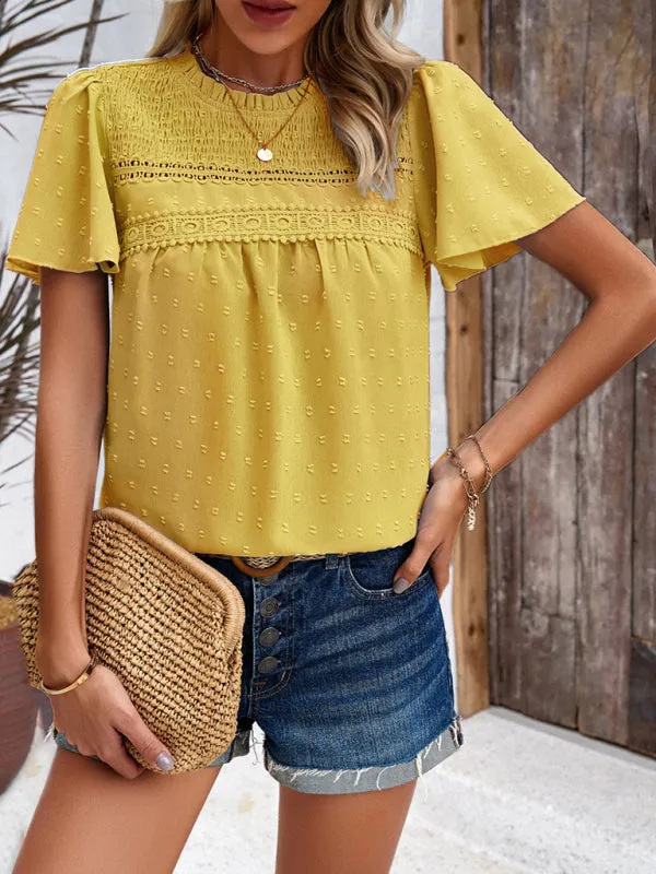 Elara Women's Elegant Solid Color Short-Sleeved Lace Blouse
