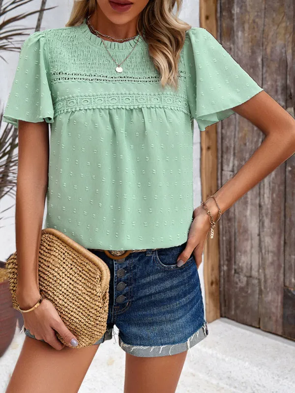 Elara Women's Elegant Solid Color Short-Sleeved Lace Blouse
