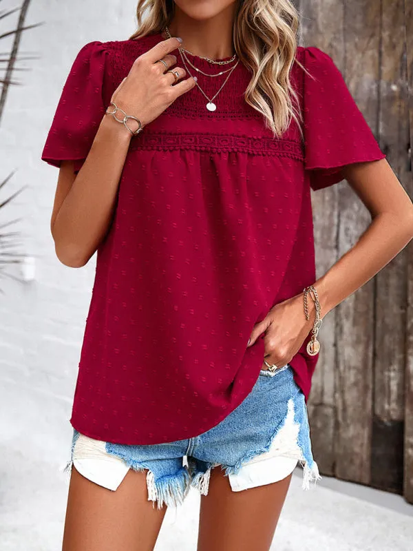 Elara Women's Elegant Solid Color Short-Sleeved Lace Blouse