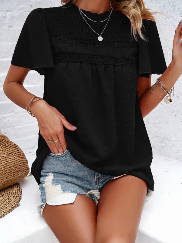 Elara Women's Elegant Solid Color Short-Sleeved Lace Blouse