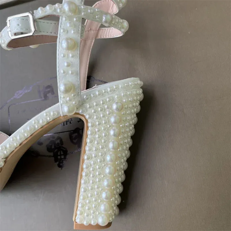 Elegant Handmade Pearl Fish Mouth Thick Heels