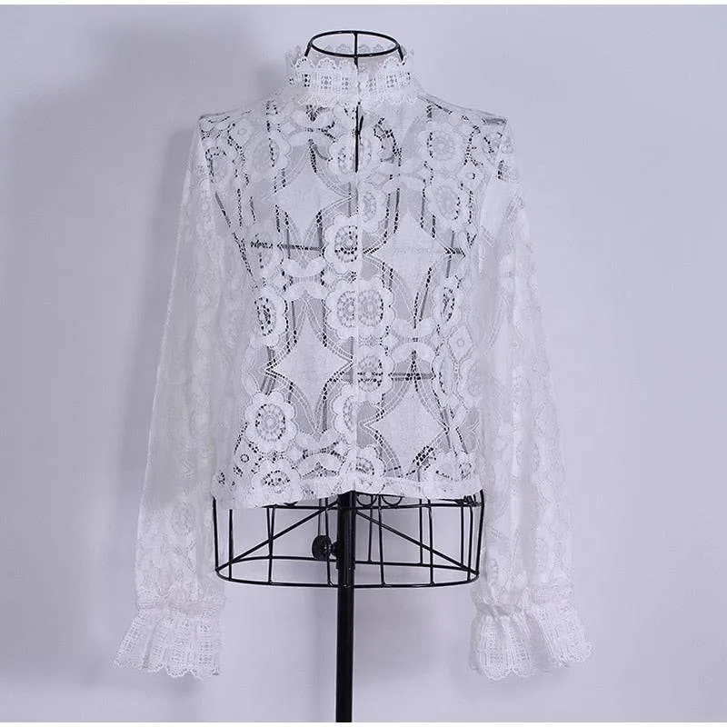 Elegant Lace Crochet Blouse with Lantern Sleeve