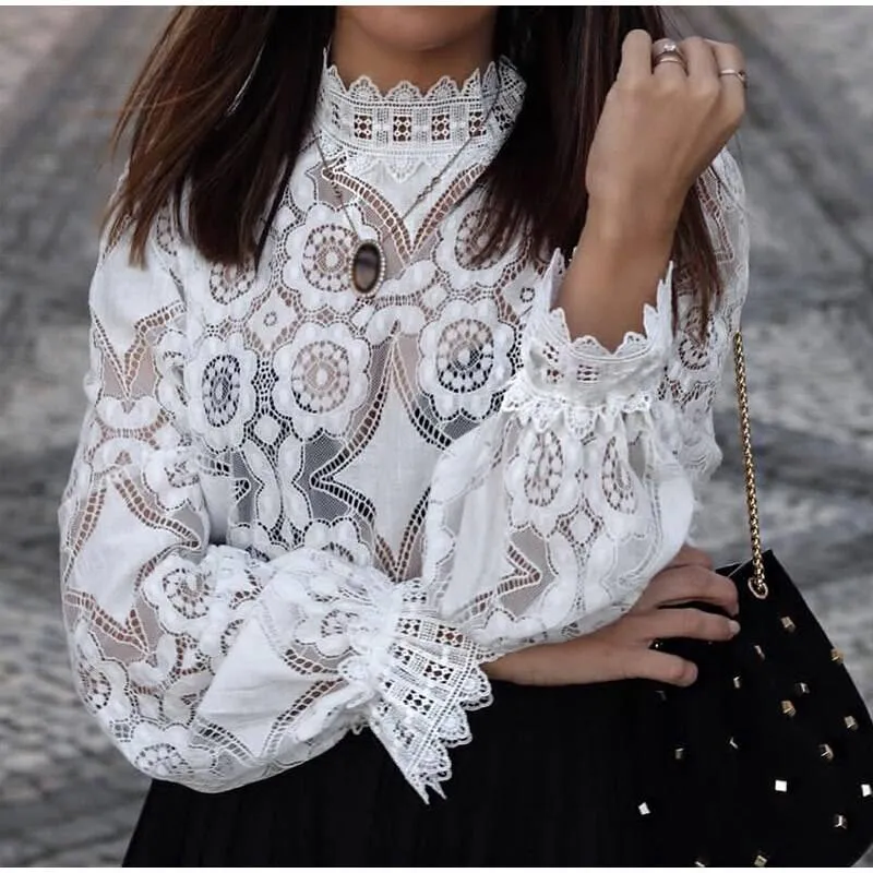 Elegant Lace Crochet Blouse with Lantern Sleeve