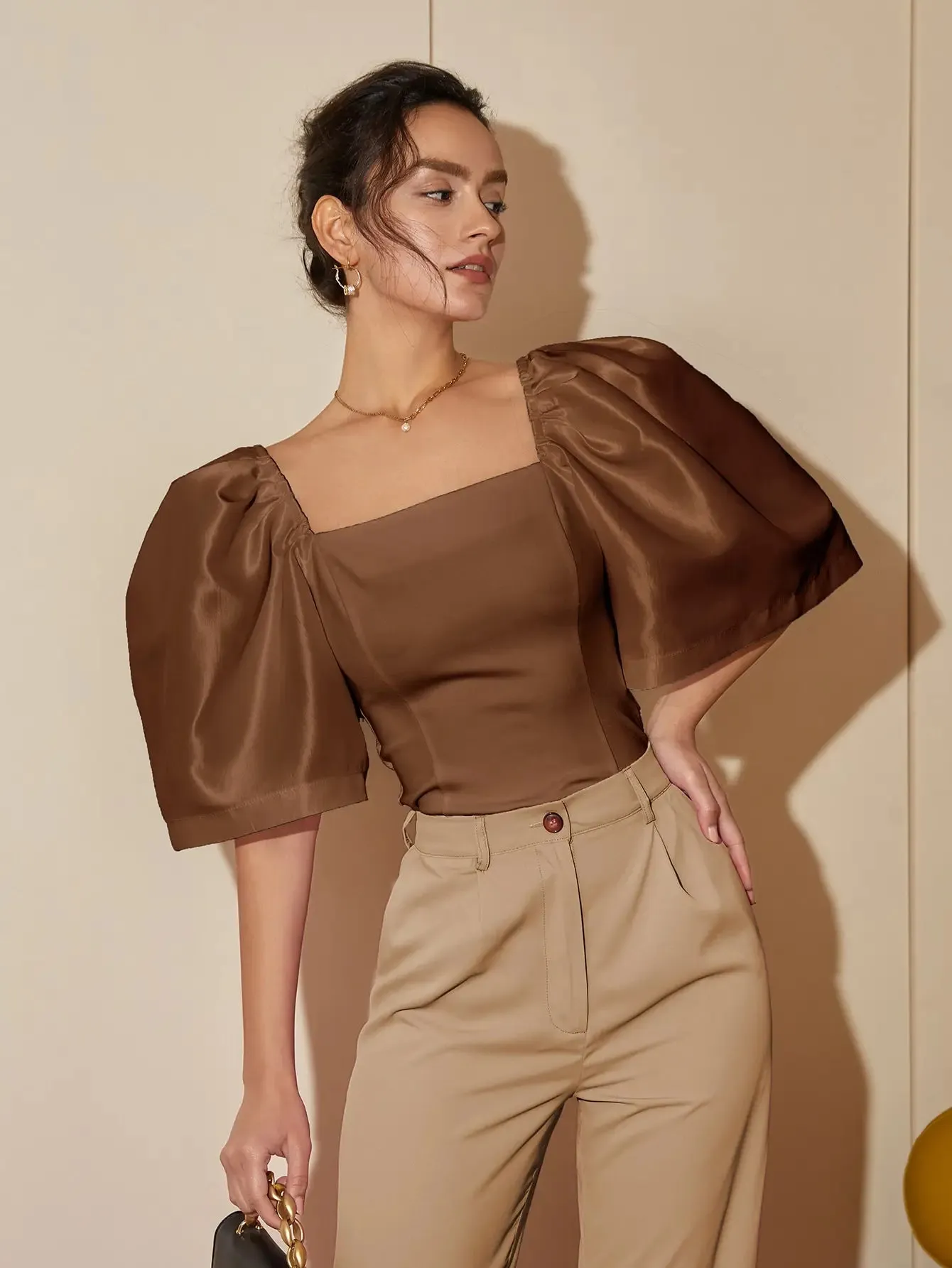 French Style Satin Blouse with Dramatic Sleeves