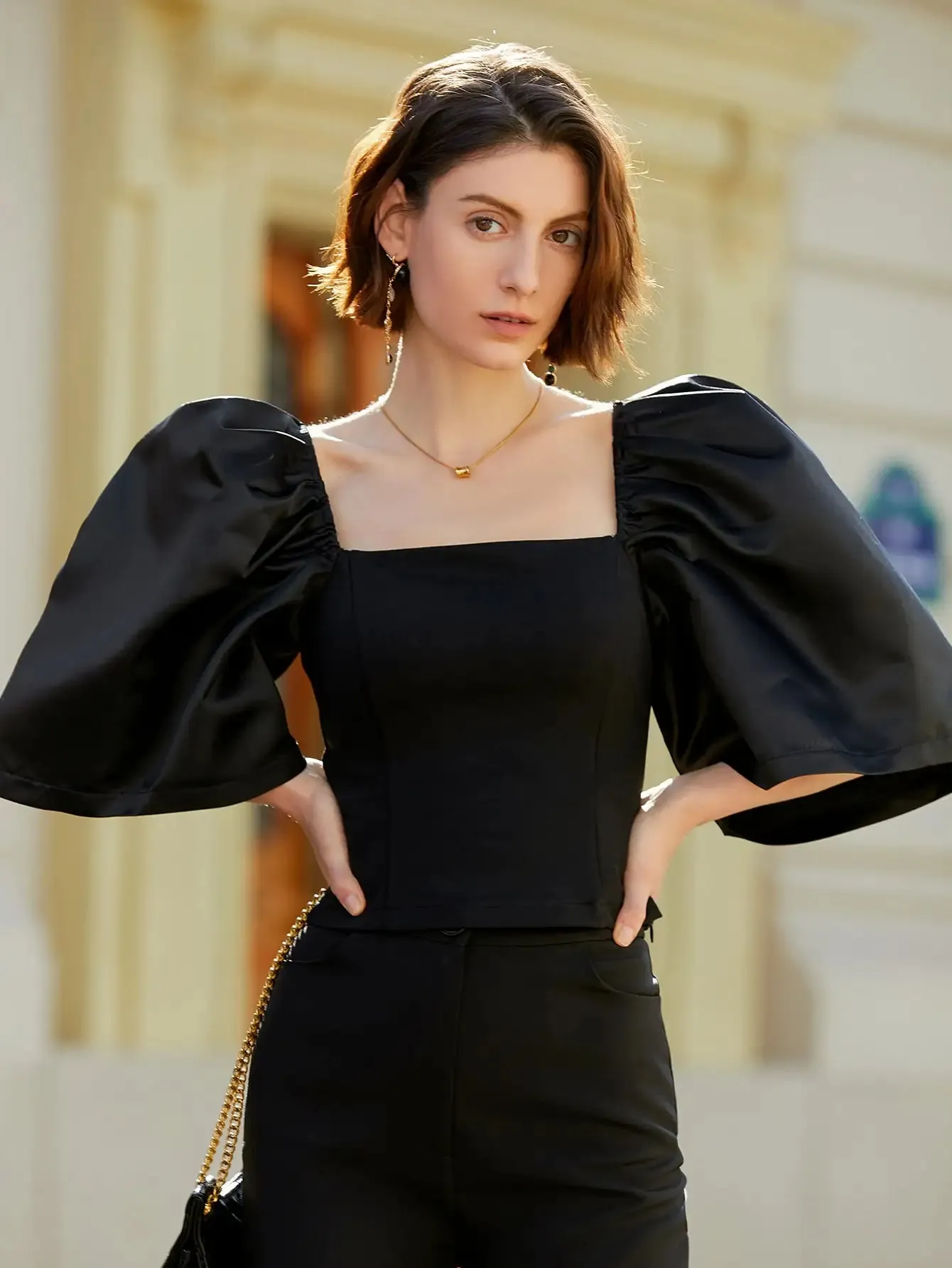 French Style Satin Blouse with Dramatic Sleeves