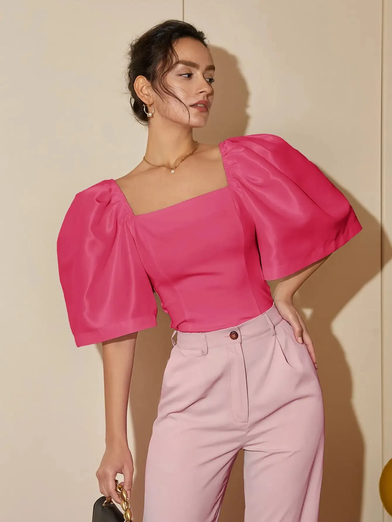 French Style Satin Blouse with Dramatic Sleeves