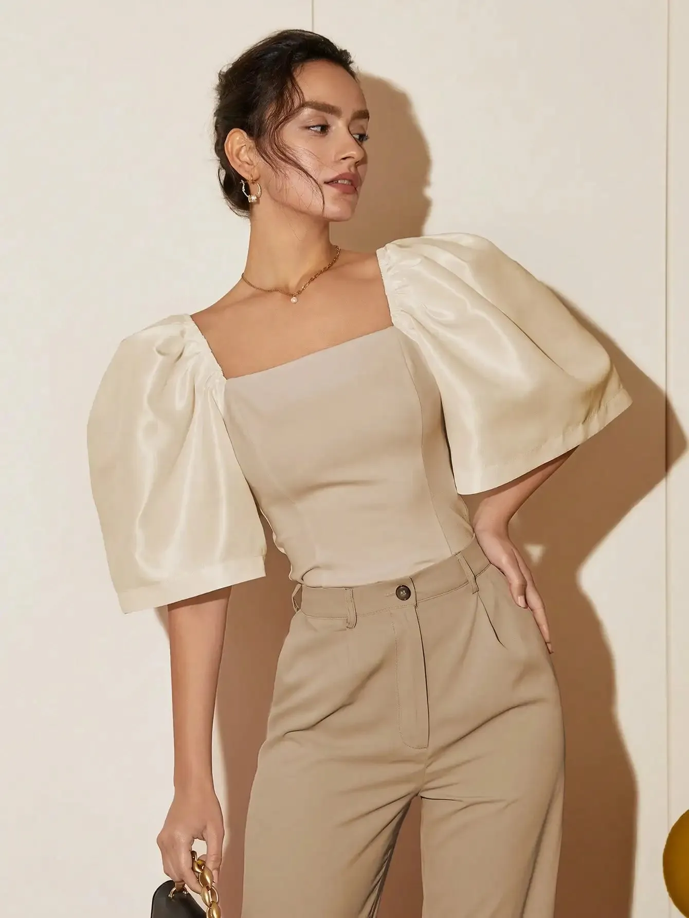 French Style Satin Blouse with Dramatic Sleeves