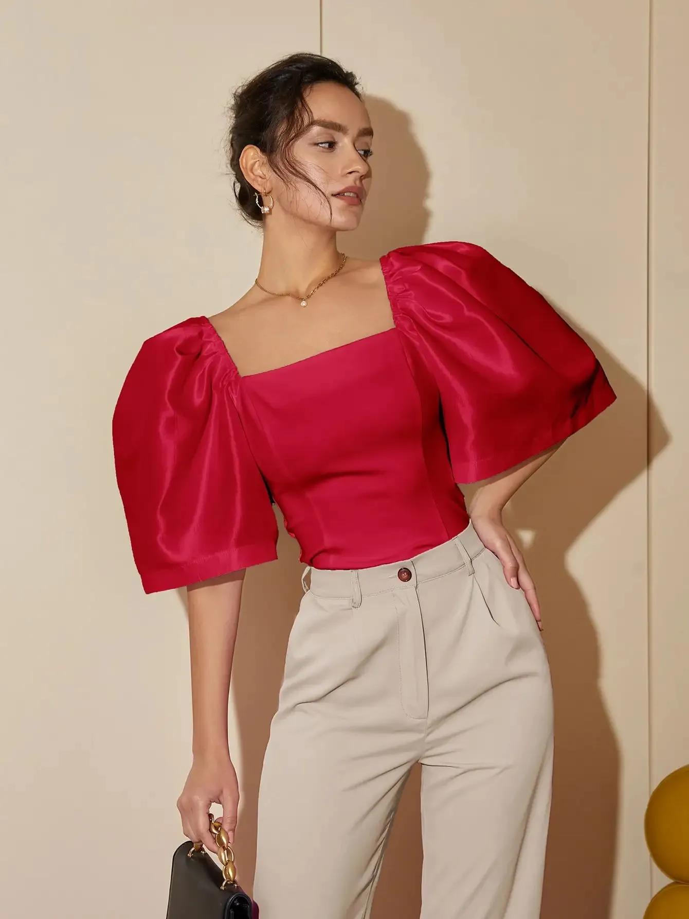 French Style Satin Blouse with Dramatic Sleeves