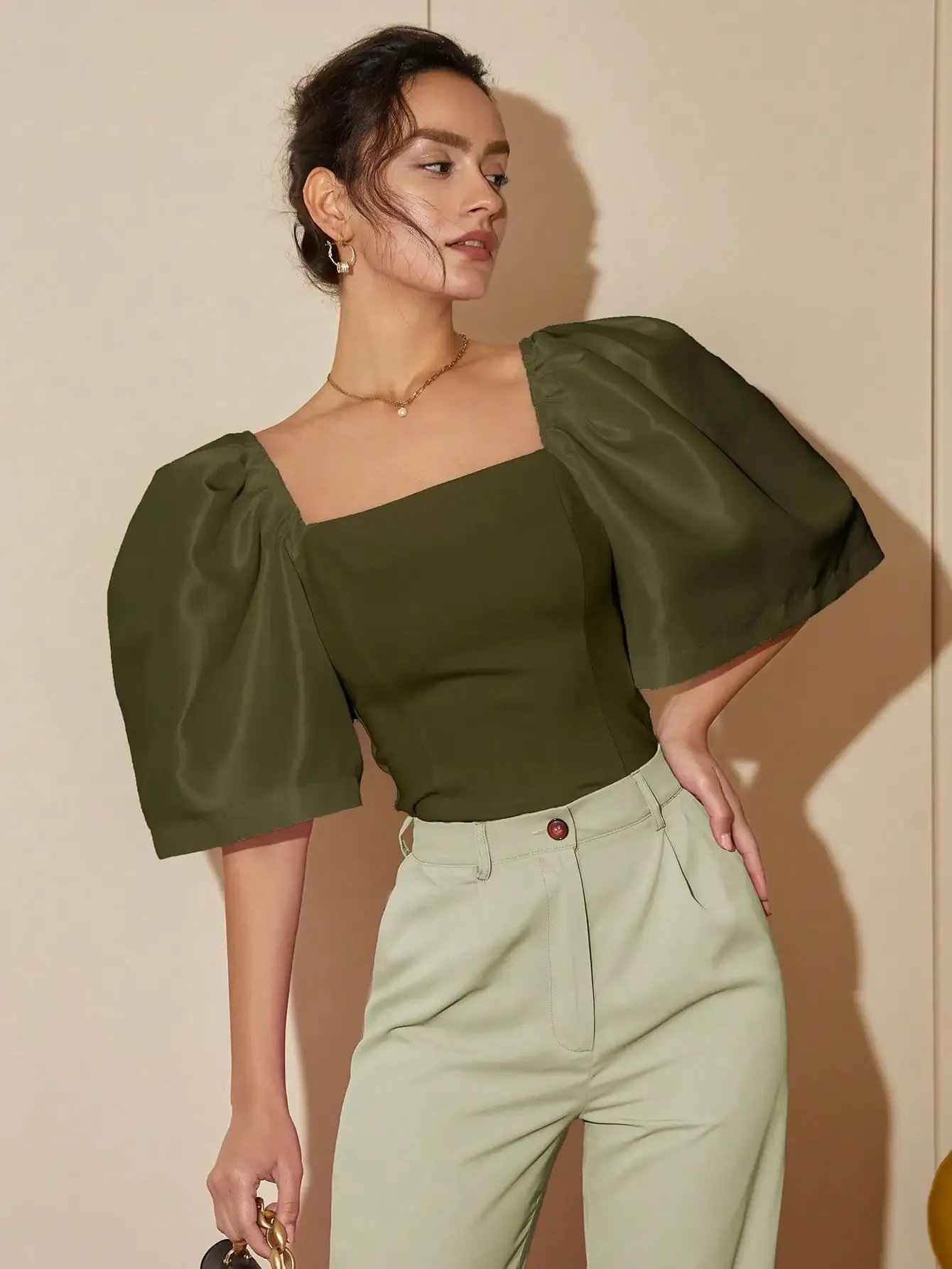 French Style Satin Blouse with Dramatic Sleeves
