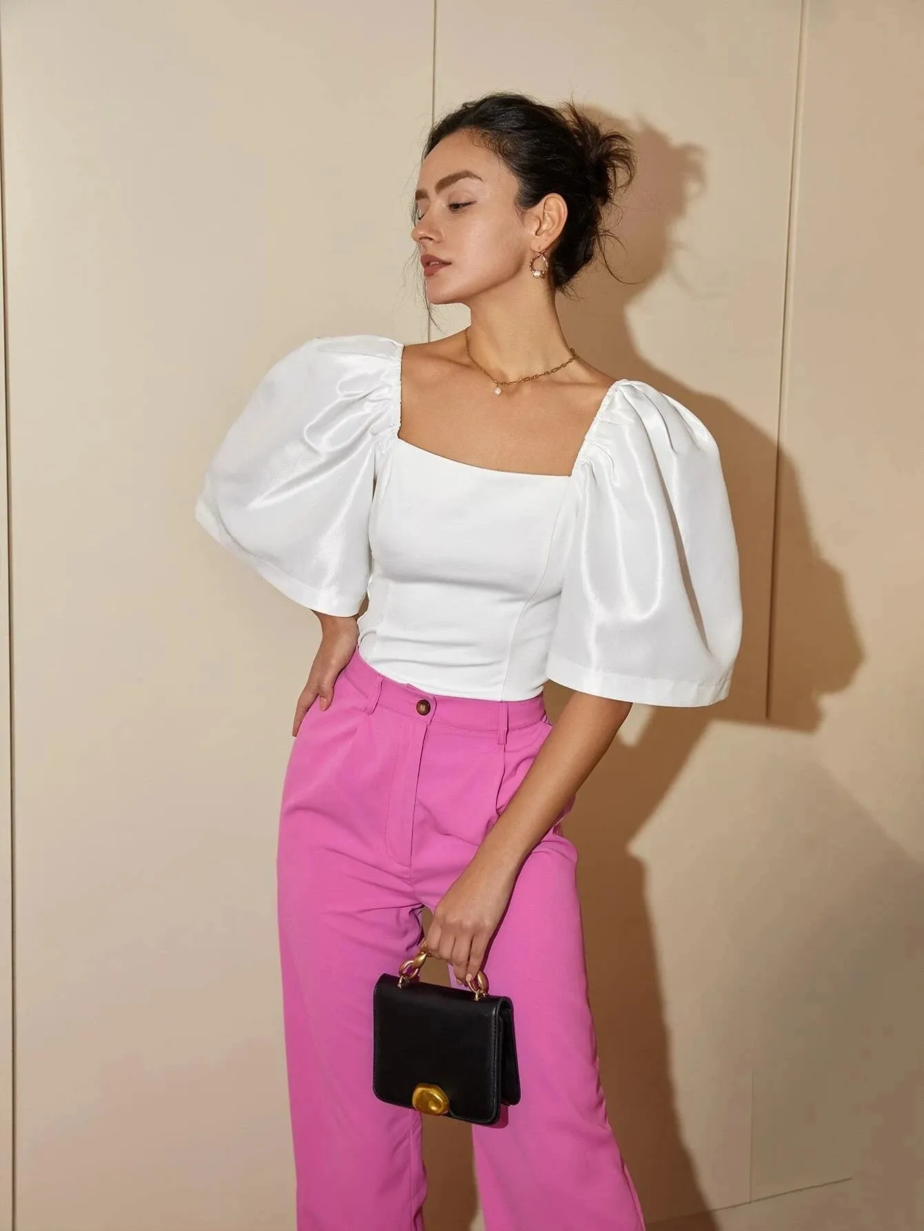 French Style Satin Blouse with Dramatic Sleeves
