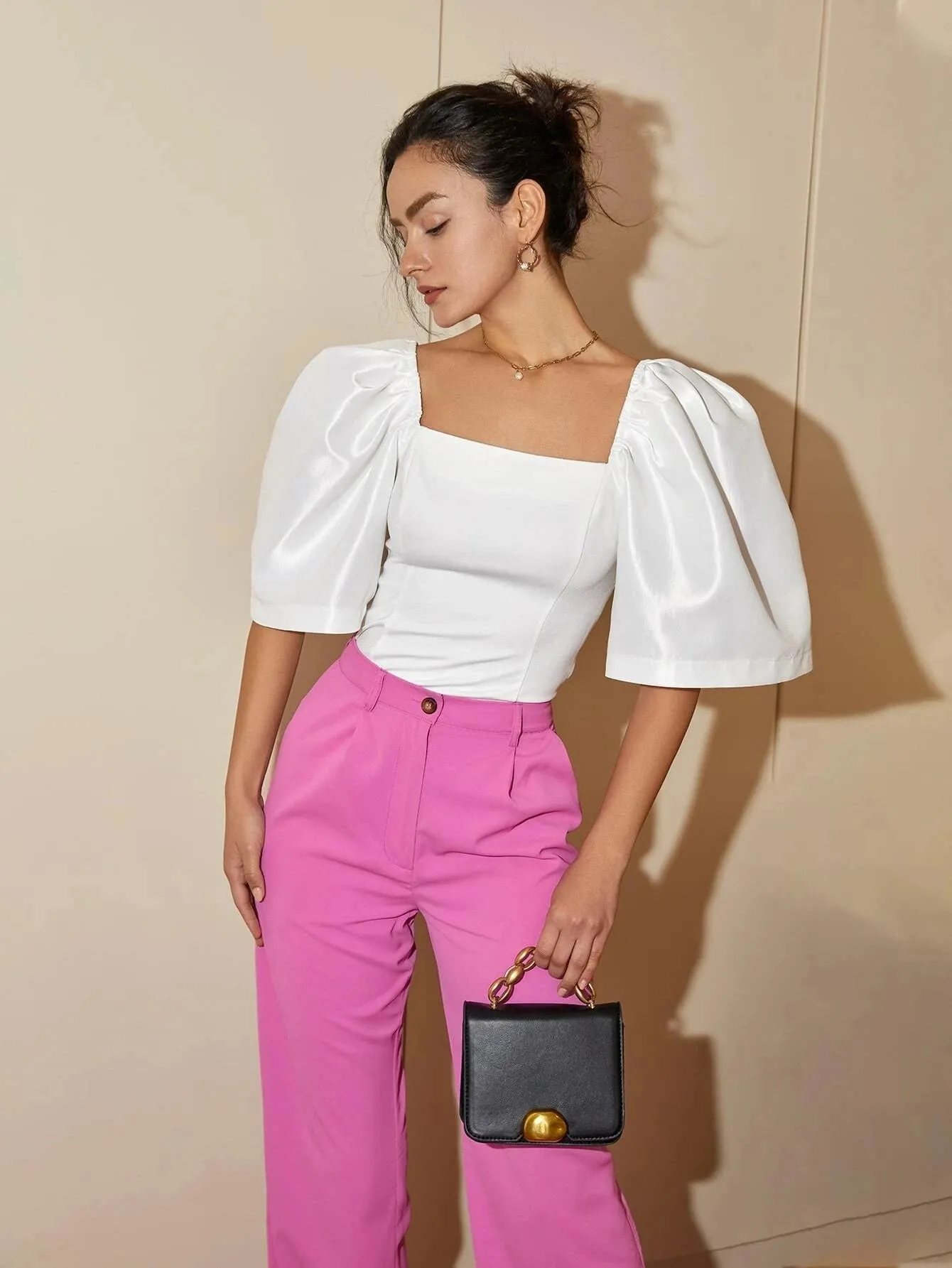 French Style Satin Blouse with Dramatic Sleeves