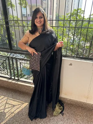 GLAMOROUS BLACK SOLID MODAL SILK SARI WITH ZARI BORDER